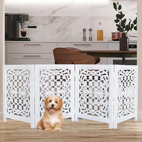 Image of Foldable Wooden Dog Gate with 4 Panels | Freestanding Pet Safety Barrier for Dogs & Puppies | Indoor Fence for Doorway, Stairs & Hallway | Portable Pet Gate (White)