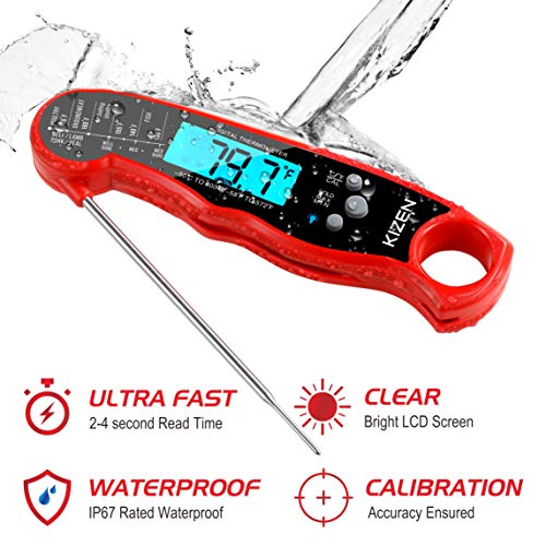 Kizen Instant Read Meat Thermometer - Best Waterproof Ultra Fast Thermometer with Backlight & Calibration. Kizen Digital Food Thermometer for Kitchen, Outdoor Cooking, BBQ, and Grill! (Red Midnight) - Thumbnail 5