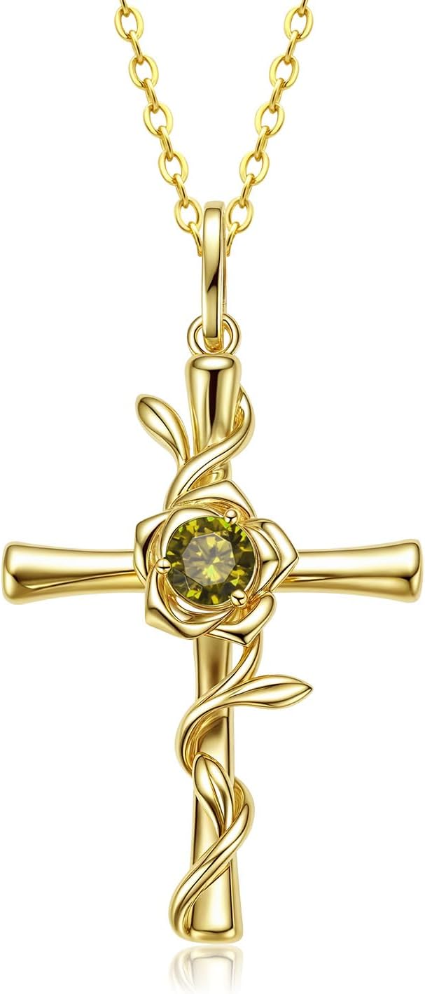 Christian Valentines Day Gift for Women, 14K Gold Plated Cross Birthstone Pendant 925 Silver Faith Religious Jewelry, Anniversary Birthday Gift for Wife Girlfriend Mom, Baptism Confirmation for Teens
