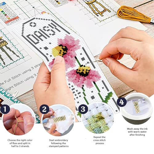 Image of ACRNIGHEET 6PCS Cross Stitch Bookmark Kits for Beginner Flower Crossstitch Kits Adult Rose Daisy Lily Stamped Embroidery Bookmarks with Accessories for Adults Craft Gift 11CT