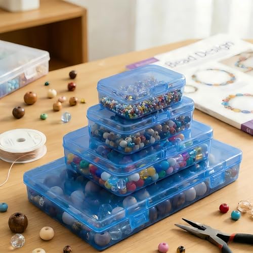 Image of Blue Organizer Boxes, 24 Pack Mixed Size Plastic Storage Containers with Hinged Lid & Label Stickers, Multi-Size Rectangular Clear Boxes for Beads, Jewelry, Crafts, Electronic - DIY