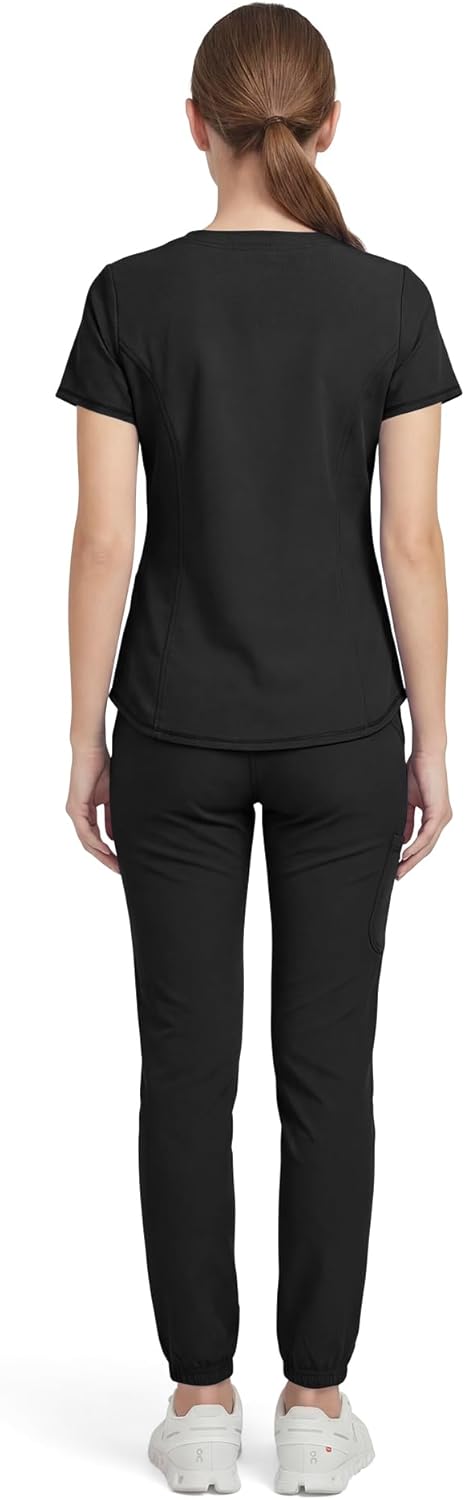AllHeart Scrubs For Women Set Layered V-Neck Top & Mid Rise Pull-On Jogger Scrub Pant, 6 Pockets Medical Uniform - Image 2