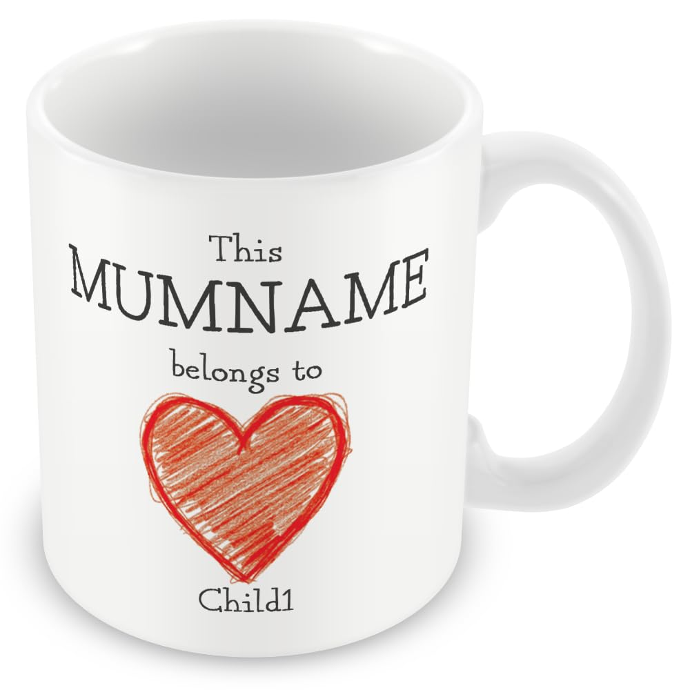 Personalised “This Mum Belongs to” Mug – Custom Children Names Heart Mug for Mum – Cute Kids Drawing Style Mother’s Day Gift – Up to 5 Children – Add Matching Card or Coaster — image 1