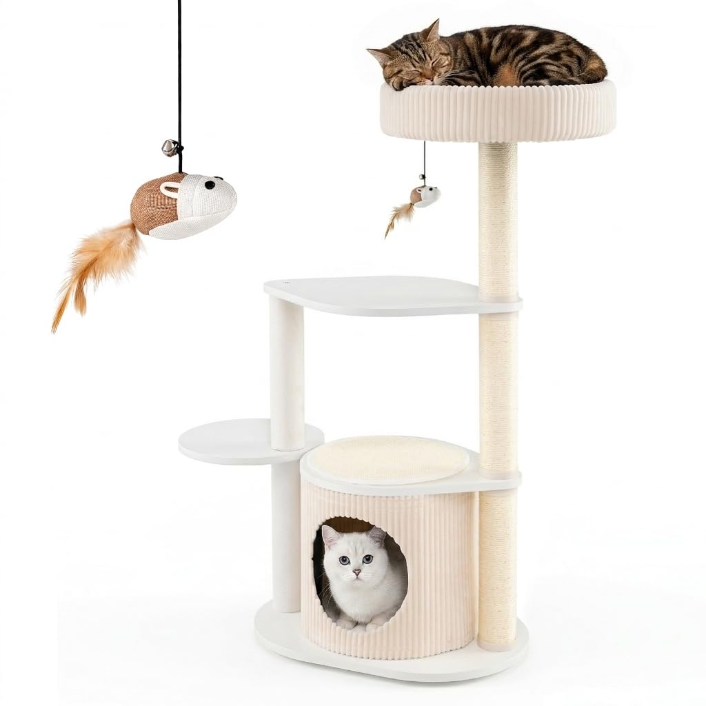 GOPLUS Arbre a Chat Interieur 105cm avec Condo, Perchoir, Planche à Gratter | Tour de Jeux pour Chat à 4 Niveaux avec 3 Poteaux à Griffoir en Sisal, 3 Plateforme, Coussin Amovible, Jouet Souris Suspendu