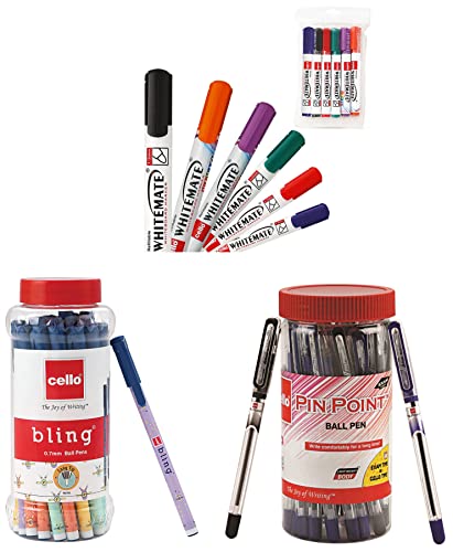 Image of Cello Bling Pastel Blue Ball Pen Jar of 25 Units Whitemate Vivid Whiteboard Markers Set of 6 Pinpoint Ball Pen Jar of 25