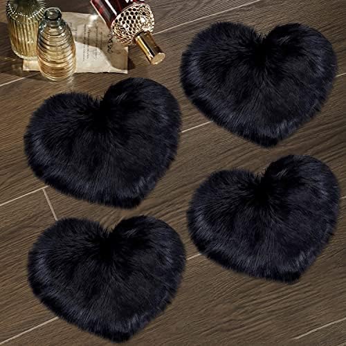 4 Pieces Heart Shaped Fluffy Faux Area Rug,Small Soft Sheepskin Long Plush Room Carpet,Shaggy Floor Mats for Home Living Room Bedroom Floor Decorative (12 x 16 Inch),Black