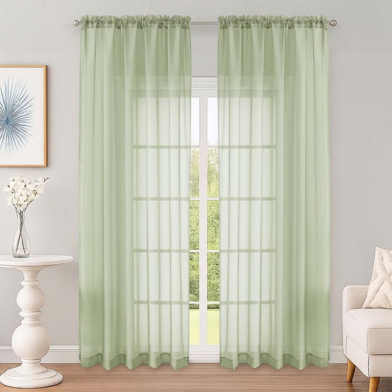 OWENIE Light Green Sheer Curtains 90 Inch Long 2 Panels for Bedroom