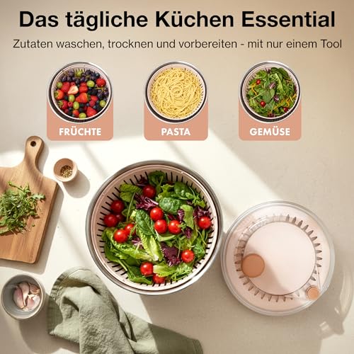 EDELHAUS Salatschleuder Edelstahl 4,5L – Salad Spinner mit Stopp-Taste, Ausgießer & Kurbel | Salatschüssel mit rutschfestem Boden | BPA-frei Salatschleuder mit Deckel | Spülmaschinengeeignet 4
