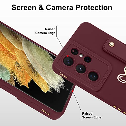 Fiyart Designed For Samsung Galaxy S21 Ultra Case With Phone Stand Holder Cute Love Hearts Protective Camera Protection Cover With Wrist Strap For Women Girls For Galaxy S21 Ultra 6.8"-Wine Red #TOP4