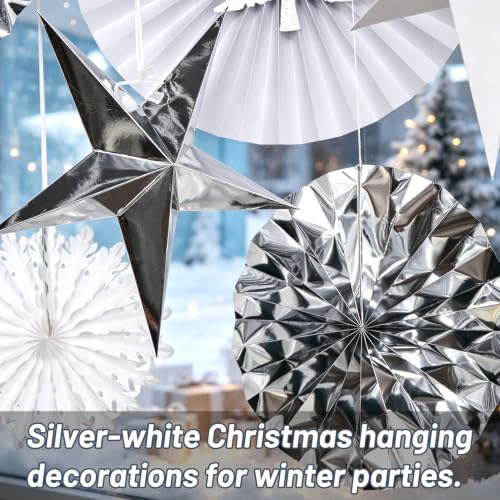 Image of Christmas Snowflake Decorations, White Paper Snowflakes Hanging Decor, Winter Wonderland Snowflake Paper Fans, Silver Paper Stars, Tinsel Garland for Xmas Wall Backdrop Frozen Birthday Party Supplies