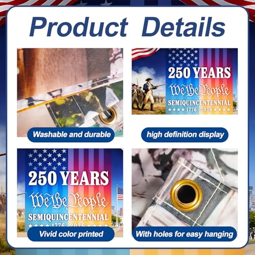 Image of 16x7 ft USA 250 Years History Garage Door Banner - inchWe the People inch Tribute with Soldier & Statue of Liberty Scene, Hanging Large Backdrop for Semiquincentennial Events & Patriotic Display