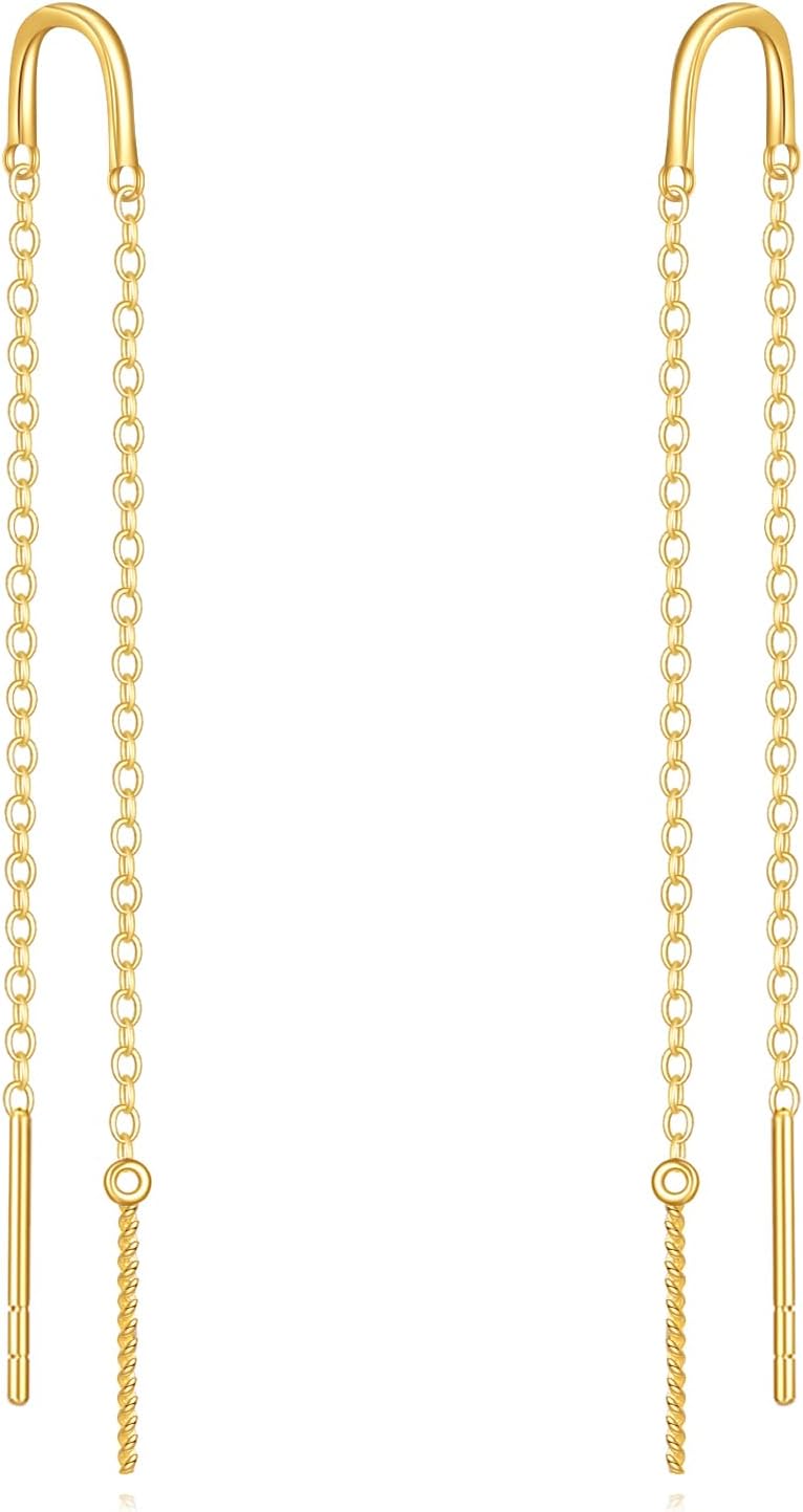 Solid 14K Gold Teardrop/Twist/Triangle Threader Earrings for Women Long Piercing Tassel Dangle Ear Line Pull Through Threader Eardrop Earrings Jewelry Gifts for Mom Nana Wife Her