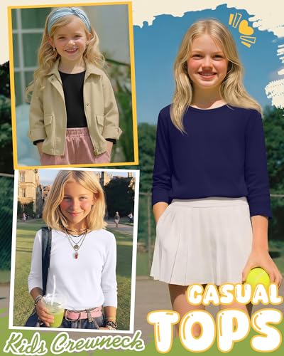 Image of 4 Pack Girls 3 /4 Sleeve T Shirts Kids Crewneck Elbow Sleeve Casual Tops Solid Basic Cute Teen Tees 5-14Y