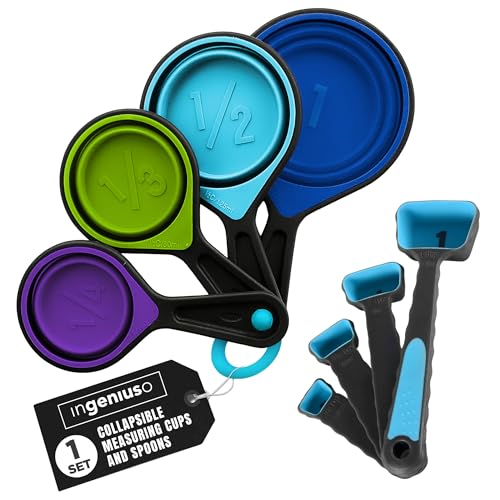 Collapsible Measuring Cups and Measuring Spoons | Portable Food Grade Silicone Measurement Cup Set for Liquid & Dry Food | Dog Food & Camping & Kids Measuring Cup