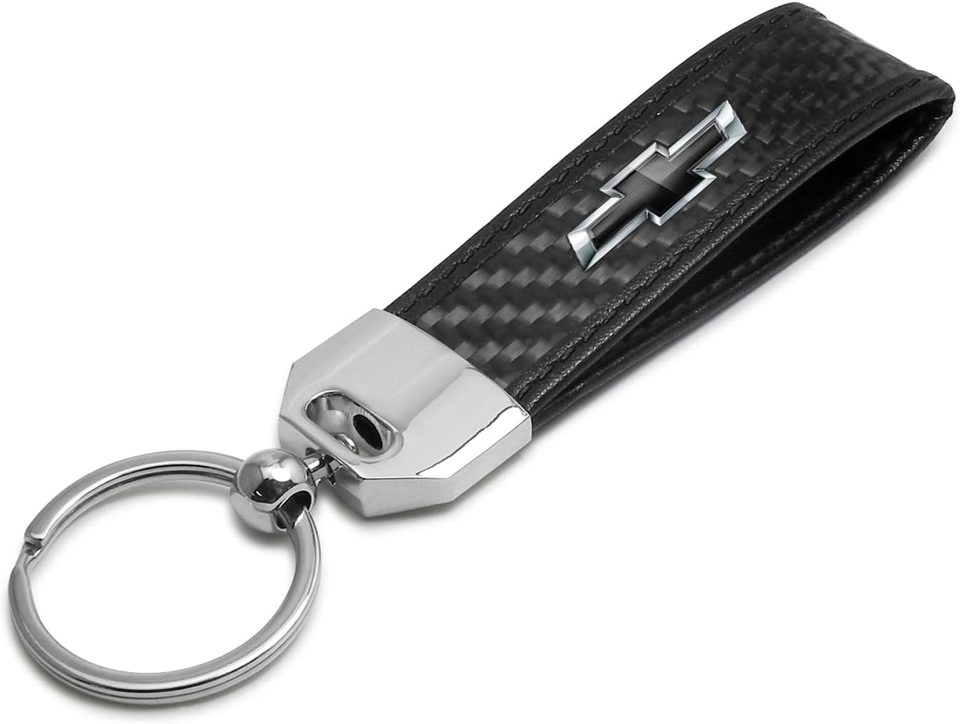 iPick Image for Chevrolet Black Logo Real Carbon Fiber Strap with Black Leather Stitching Edge Key Chain - Official Licensed