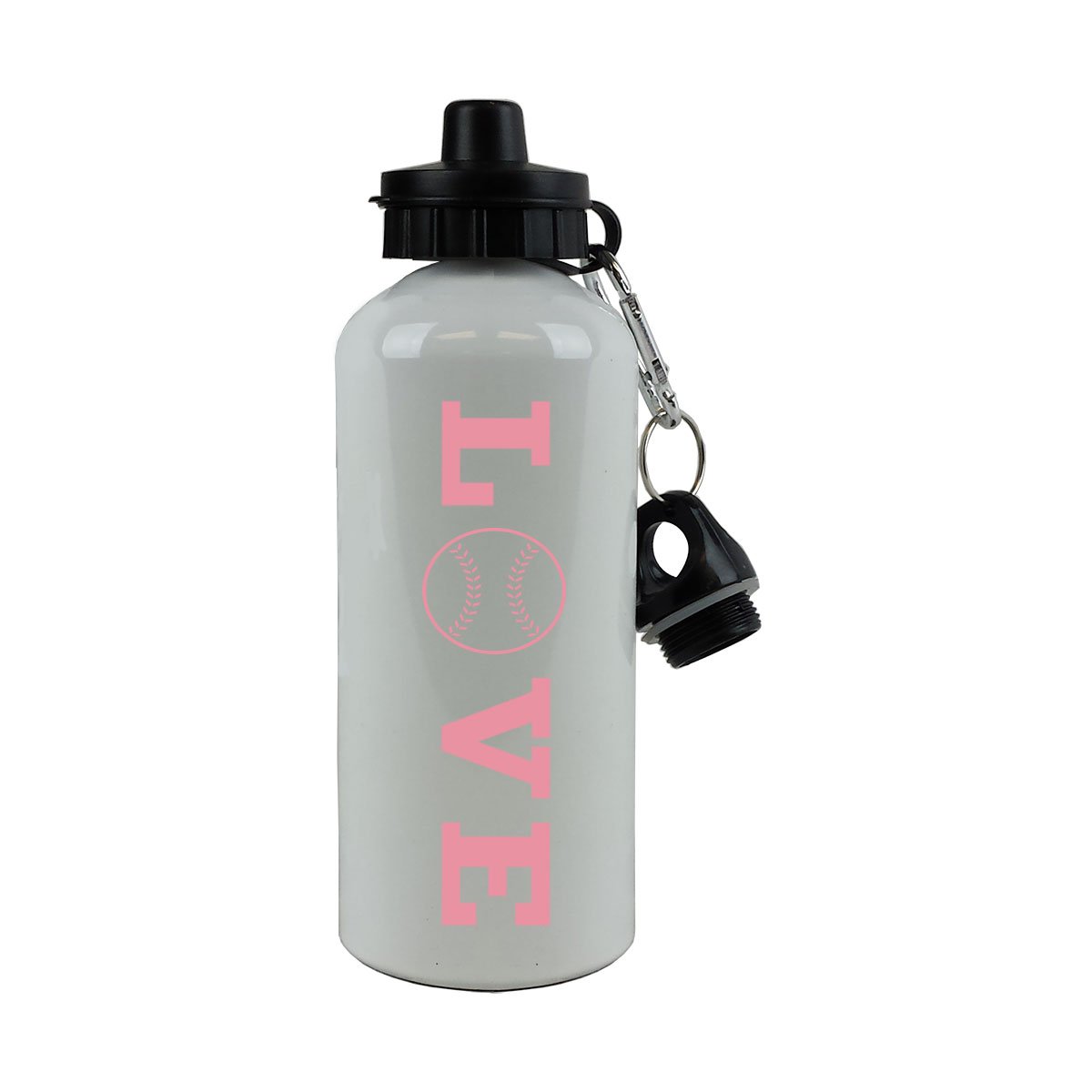 Love Baseball/Softball Sports Team Aluminium weiß Finish 20 Unze 600 ml Sport Wasser Flasche mit Karabiner, rose