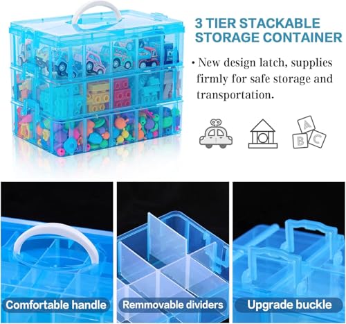 Image of PAXCOO 3-layer Blue Stackable Storage Container with Dividers, 30 Grid Plastic Organizer Box for Dolls, Fuse Beads, Nail Polish, Jewelry, stationery, Hair Accessories, color-blue.