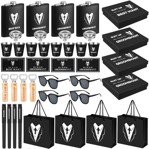 Layhit 40 Pcs Groomsmen Gifts Set of 4 Stainless Steel Shot Glass, Flask, Funnel, Bottle Opener, Pen, Sunglasses, Card, Box, Bag Groomsmen Proposal Box for Wedding Party Present