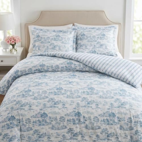 Image of Martha Stewart - King Comforter Set, 100% Silky Smooth Cotton Sateen Bedding for Year Round Comfort, 3 Piece Bed Set with Matching Pillowcases (Farmhouse Toile Blue)
