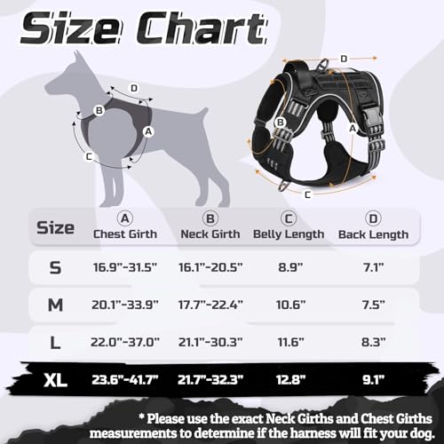 rabbitgoo Hundegeschirr Grosse Hunde, Anti Zug Geschirr Hund Verstellbar mit Griffe Verbreitert, Robust und Verschleißfest, Taktisches Hundegeschirr mit Metallschnallen zum Wandern(XL, Schwarz)