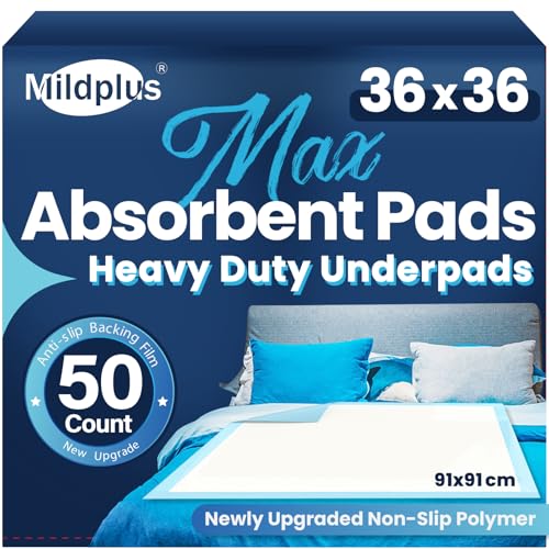 Image of MILDPLUS Heavy Duty Underpad 36''x36'' 50 Count 125 Grams Extra Large Chucks Pads 3XL Disposable Bed Pads, Super Absorbent Incontinence Pads for Adults, Kids, Pee Pads (Blue)