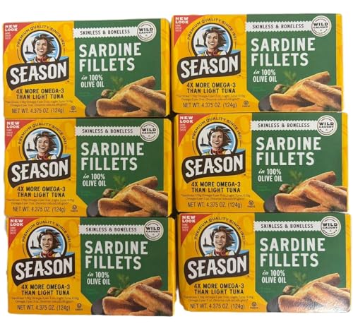 Season Sardines in 100% Olive Oil – Skinless & Boneless, Wild Caught, 22g of Protein, Keto Snacks, More Omega 3's Than Tuna, Kosher, High in Calcium, Canned Sardines – 4.37 Oz Tins, 6-Pack