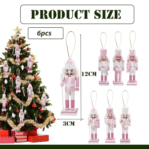 6p 12cm Pink Wooden Christmas Nutcracker Soldiers,Pink Christmas Ornaments,Christmas Tree Decorations Mini Nutcracker Figures Hanging Xmas Figures Puppet Soldiers Gifts Toy for Tree Decorations - Image 2