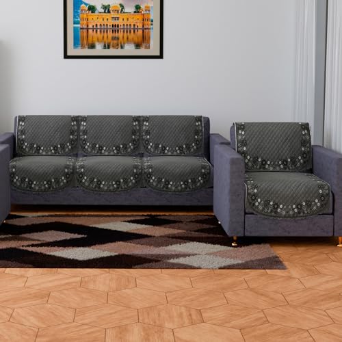 Image of Kuber Industries Sofa Cover | Velvet 3+1 Seater Sofa Slip Cover Set | Digital Painting Sofa Cover | Suede Ultra Sonic Couch Cover | Sofa Slipcover Set Living Room | Gray