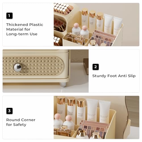 Image of UFORU Makeup Organizer for Vanity with Brush Holder, Large Capacity Bathroom Countertop Skincare Organizer with 2 Drawers, Cosmetic Display Case for Perfumes, Eyeshadow Palettes, Nail Polishes