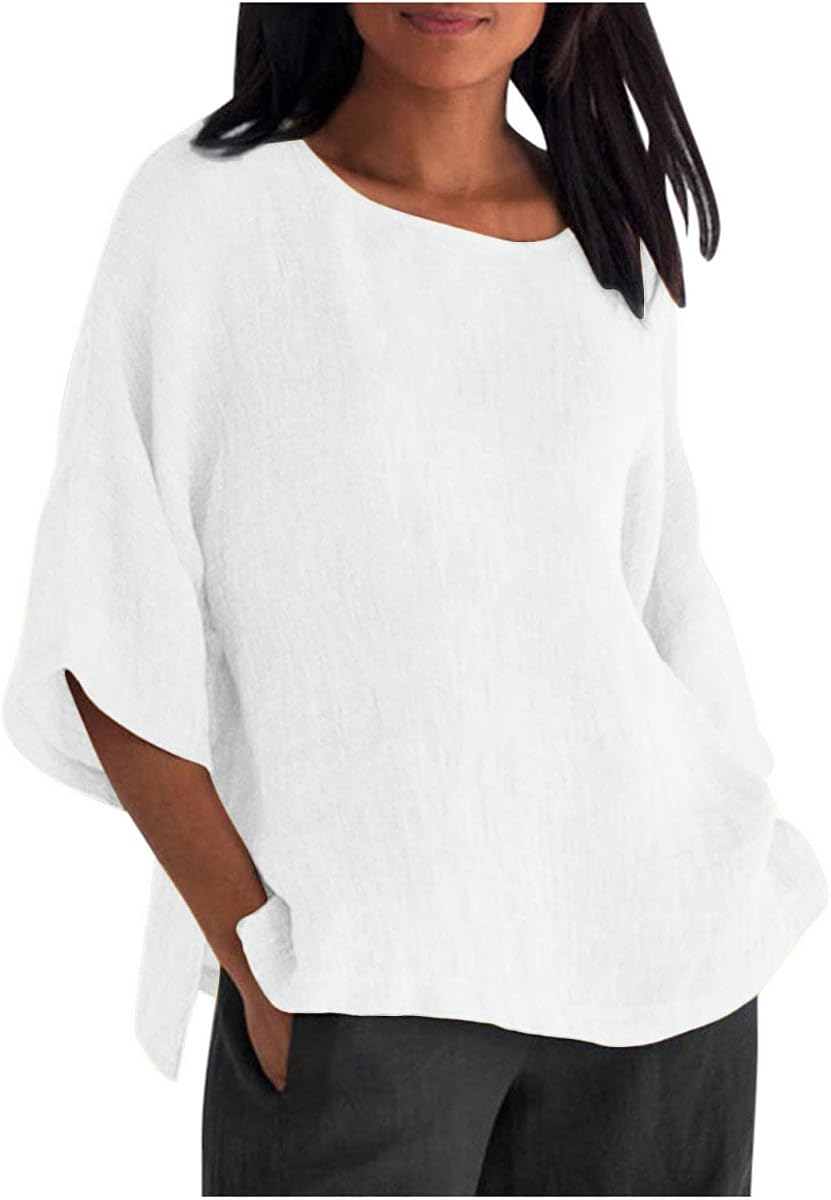 Camisetas de lino de algodón Ceboyel para mujer blusas de túnica de cuello redondo de manga 3/4 camisas de gasa causal vestidas para damas ropa de verano 2025