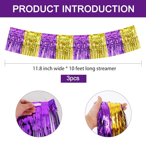 Image of BEISHIDA 3 Packs Metallic Foil Fringe Garland Purple Gold Wall Hanging Tinsel Fringe Banners for Car Floats Bridal Shower Wedding Birthday Graduation Holiday Party Decoration(30 Feet)
