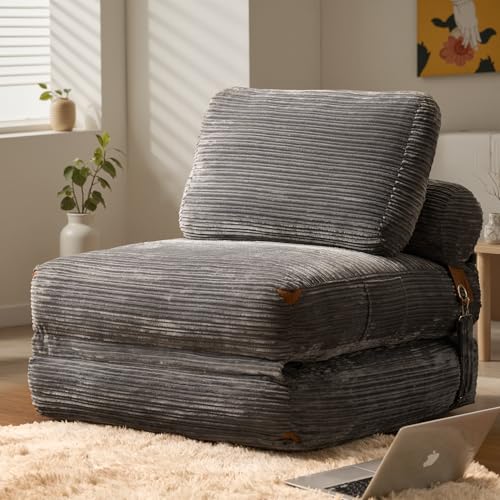 ovios Folding Sofa Bed, Foldable Convertible Sleeper Chair Bed, Comfy Corduroy Faux Fur Cloud Portable Lounge Chairs for Living Room Indoor, Grey