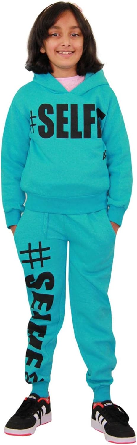 Kids Girls Tracksuit Designer #Selfie Hooded Crop Top Bottom Jog Suit 5-13 Years