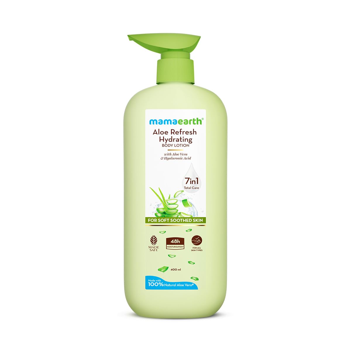 Mamaearth Aloe Refresh Hydrating Body Lotion with Aloe Vera & HA for Soft Soothed Skin 400ml | 48H Moisturization in Summer| 100% Natural Aloe Vera| Lightweight, Non-Sticky Smooth Skin| All Skin Types