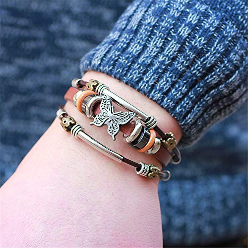 Smalllove Bohemian Leather Bracelet For Men And Women Vintage Key Adjustable Beads Wrap Cuff Bangles Wristband Wrist Decor (Butterfly) #TOP1
