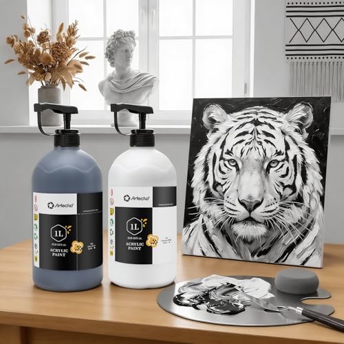Image of Artecho Mars Black Acrylic Paint 1000ml / 33.8 fl oz Pump Dispenser | Large Bottle, Semi Glossy Finish, High Pigment Rich Color Craft Paint for Canvas, Rocks, Wood, Ceramic, Easy dispensing