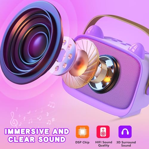 Image of ShinePick Mini Karaoke Machine for Kids with 2 Wireless Mics, Portable Bluetooth Speaker with 5 Magic Voice Effects & RGB Emoji LED Lights, Rechargeable Party Box Birthday Gift for Boys Girls (T99)
