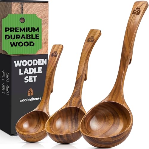 Wooden Ladle for Soup, 3 Size Teak Wood Ladle Spoon