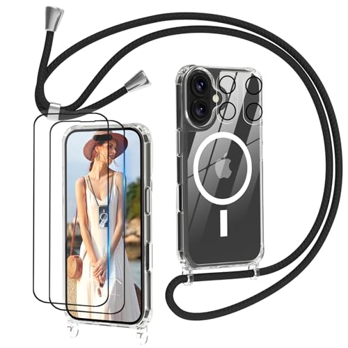 Nupcknn Funda para iPhone 16 MagSafe con Correa, 2 Protectores de Pantalla, 2 Protectores de Lente de cámara, Colgante magnético Transparente, Correa extraíble y Ajustable, protección antigolpes.