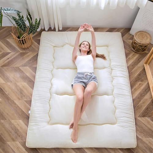 Image of MAXYOYO Japanese Floor Futon Queen Size, Thicken Tatami Mat Sleeping Pad Foldable Roll Up Mattress Trifold Pad Guest Mat, Off White