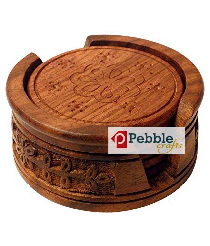 PEBBLECRAFTS Wooden Handmade Coaster Set of 6 with Minute Intense Carving with Decorative Holder | Tabletop Coasters for Tea Coffee Cups Mugs Beer cans bar Glass Indian handicrafts