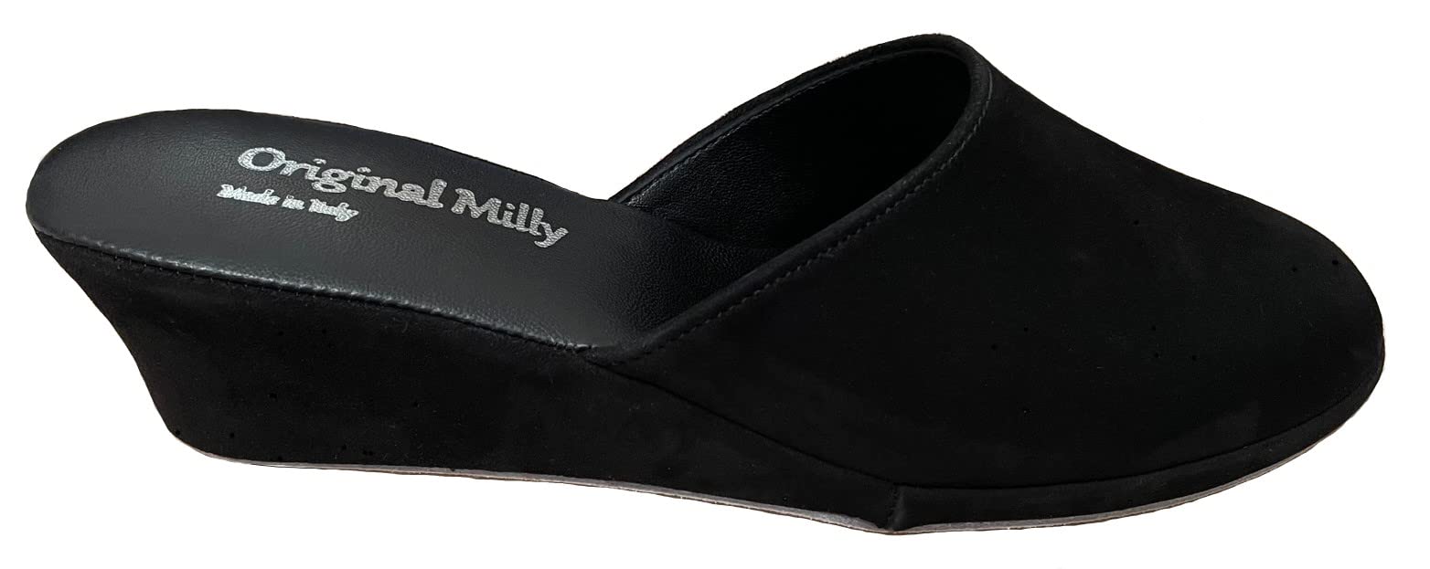 Milly 9001 Ciabatte da Camera per Donna Pantofole per casa con Zeppa 5 cm, Classiche Eleganti, Artigianali Made in Italy, in Pelle Scamosciata (nero, numeric_39)