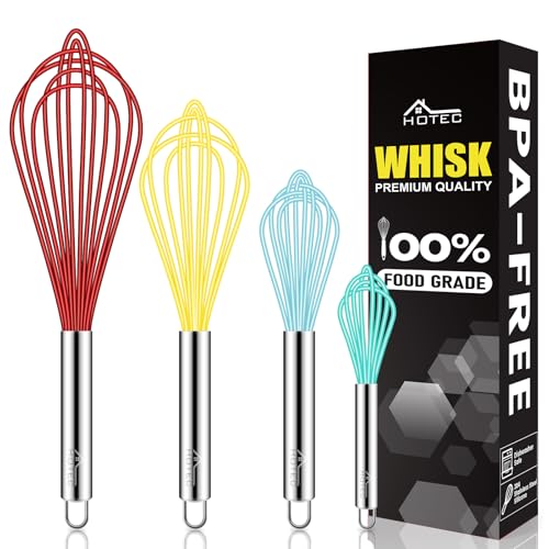 Image of HOTEC 4 Pieces Silicone Whisks Set, Wire Balloon Whisks for cooking Egg Beater, Non-slip Handle Whisk for Non-stick Cookware Perfect for Cooking, Stirring, Beating and Blending (Multicolor)