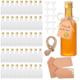 Voittozege 100 Pcs 1.7 oz Mini Liquor Bottles,Airtight Shot Bottles with Caps 10 Pcs Funnels 100 Pcs Kraft Tags and 65 ft Rope,Little Spirit Bottle for Cocktail,Party Favors,Weddings (gold Cap)