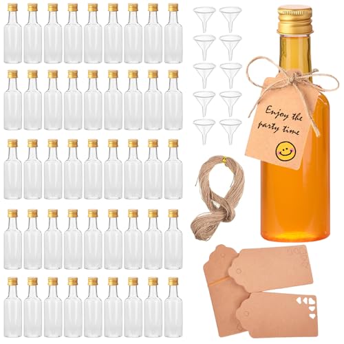 Voittozege 100 Pcs 1.7 oz Mini Liquor Bottles,Airtight Shot Bottles with Caps 10 Pcs Funnels 100 Pcs Kraft Tags and 65 ft Rope,Little Spirit Bottle for Cocktail,Party Favors,Weddings (gold Cap)