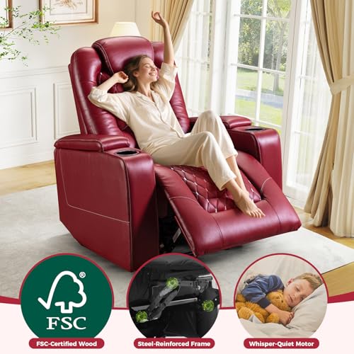 ANJ Power Recliner Chair with USB Ports and Cup Holders - Overstuffed Electric Home Theater Seating PU Leather Reclining Furniture with Hidden Arm Storage, Easy to Clean (Red)