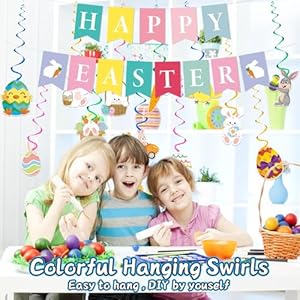 Upgraded, 30pcs Happy Easter Banner with Hanging Swirl and Accessories, Funny Colorful Easter Decorations, Party Decor Supplies, for Office, Classroom, Wall, Mantle, Fireplace... Upgraded 30pcs Happy Easter Banner with Hanging Swirl and Accessories Funny Colorful Easter Decorations Party Decor Supplies for Office Classroom Wall Mantle Fireplace
