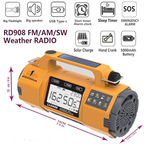 Image of Emergency FM /AM /SW Weather Radio, Big Flashlight /Speaker,Type-C,Sleep Timer Alarm Clock, Solar Hand Crank Charge, 5000mAh Replaceable Battery,Cell Phone Charger Hurricane Survival kit
