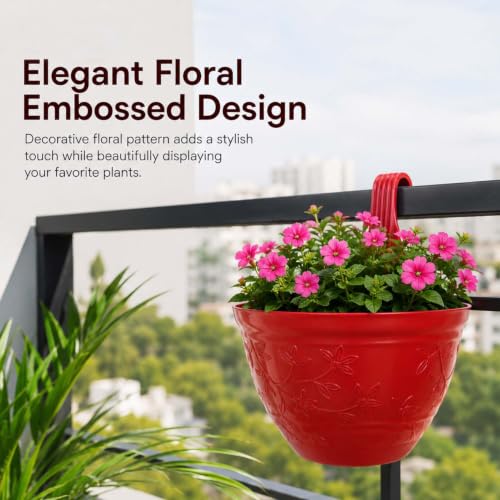 Image of Go Hooked Hanging Planter Pots for Balcony Railing Pack of 2 | Small Plastic Victor Hook Flower Pots for Fence, Grill & Balcony (Multicolor, 16.5x9x19 cm) | Decorative Planters for Home Garden Decor
