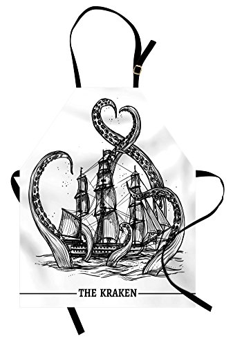 Lunarable Nautical Apron, Octopus Catches Old Sail Ship Monster Adventure Story Themed Art, Unisex Kitchen Bib with Adjustable Neck for Cooking Gardening, Adult Size, Charcoal Grey